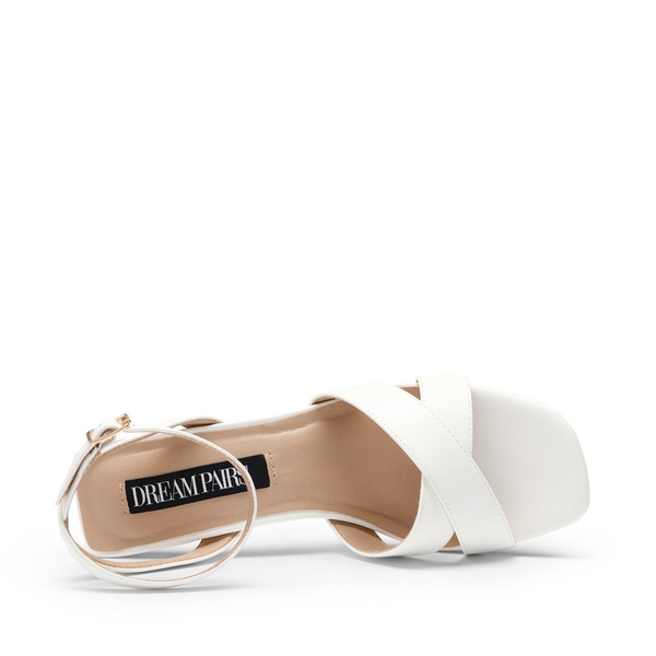 Criss Cross Ankle Strap Square Heel Sandals  - WHITE PU - 3